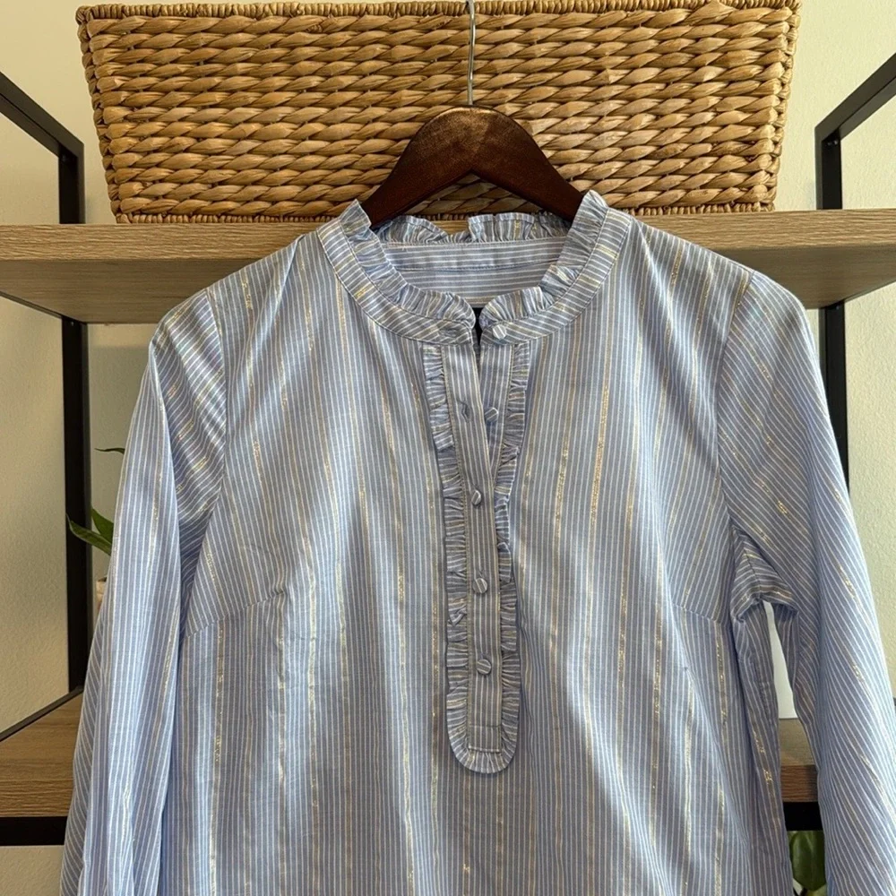 Talbots Silver Stripe Poplin Cotton Woven 1/2 Placket Collar Button Up Blouse, S - Picture 3 of 6